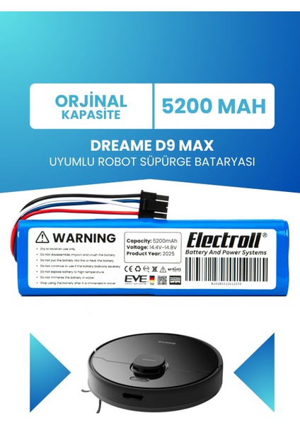 Dreame D9 Max Uyumlu Batarya (ORJİNAL KAPASİTE) 5200mah Pil Robot Süpürge Batarya Değişimi