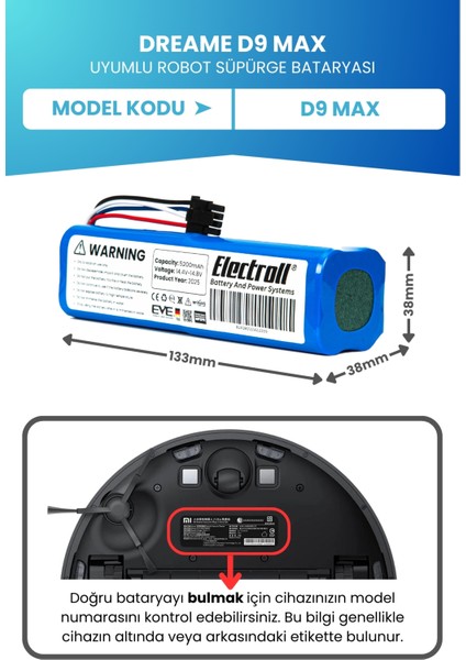 Dreame D9 Max Uyumlu Batarya (ORJİNAL KAPASİTE) 5200mah Pil Robot Süpürge Batarya Değişimi fiyatları