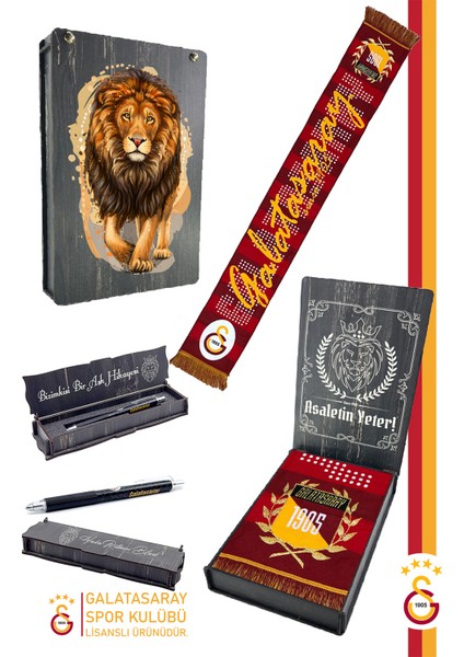 Lisanslı Akrilik Atkı ve Premium Uçlu Kalem Set Aslan Baskılı Ahşap Kutulu