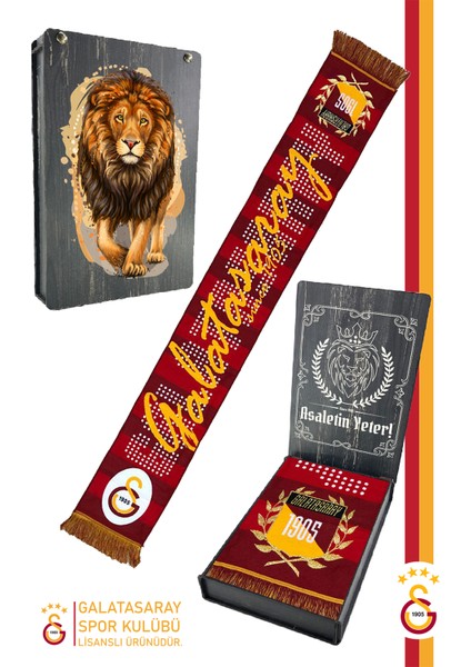 Lisanslı Akrilik Galatasaray Atkı Aslan Baskılı Ahşap Kutulu