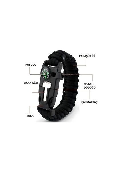 Survival Pusulalı Hayatta Kalma Bilekliği Kamp Bileklik Düdük Çok Amaçlı