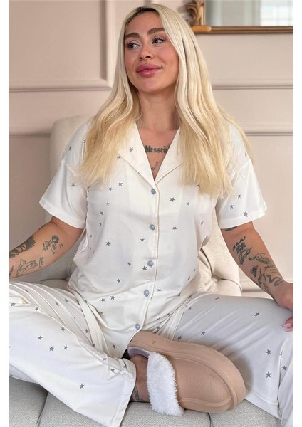 Ekru Twilight Glow Desenli Bambu Önden Düğmeli Kısa Kol Pijama Takımı