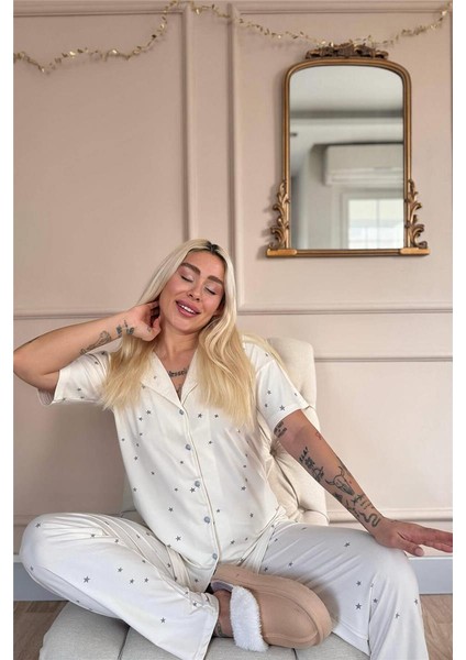 Ekru Twilight Glow Desenli Bambu Önden Düğmeli Kısa Kol Pijama Takımı