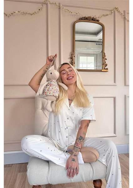 Ekru Twilight Glow Desenli Bambu Önden Düğmeli Kısa Kol Pijama Takımı