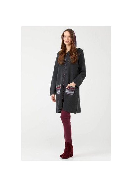 Kadın Kapüşonlu Fermuarlı Triko Ceket