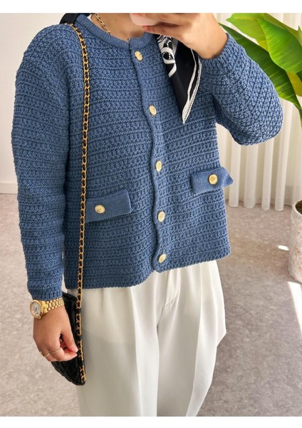 Asel Fashion Cep Detaylı Triko Hırka Mavi