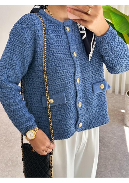 Asel Fashion Cep Detaylı Triko Hırka Mavi