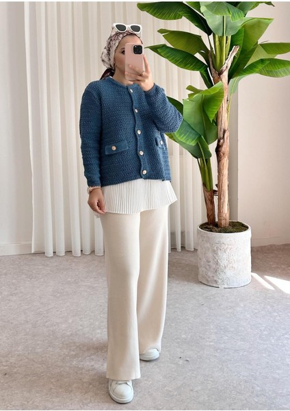 Asel Fashion Cep Detaylı Triko Hırka Mavi