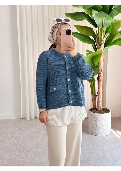 Asel Fashion Cep Detaylı Triko Hırka Mavi