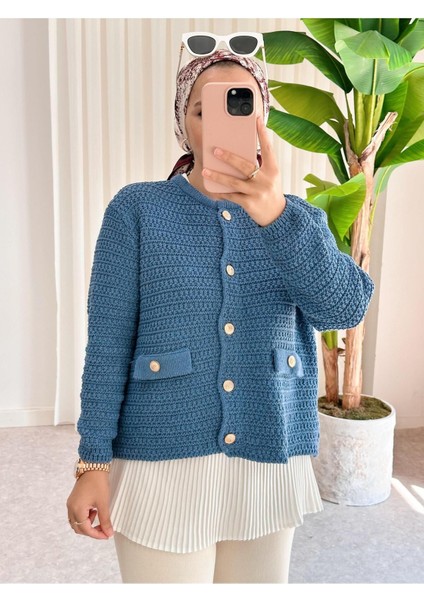 Asel Fashion Cep Detaylı Triko Hırka Mavi