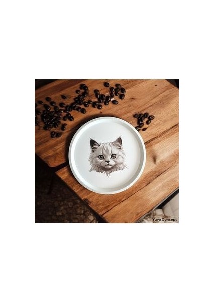 Kedi Desenli Tepsi - 31 cm - Beyaz Tepsi - Sunum Tepsisi modelleri
