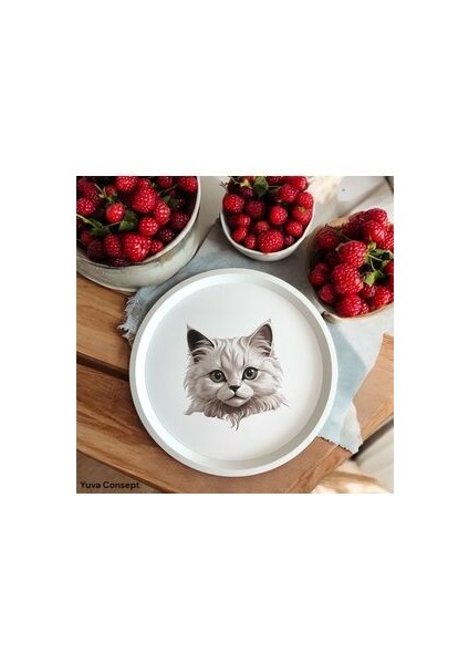 Kedi Desenli Tepsi - 31 cm - Beyaz Tepsi - Sunum Tepsisi fırsatları