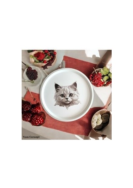 Kedi Desenli Tepsi - 31 cm - Beyaz Tepsi - Sunum Tepsisi indirimleri
