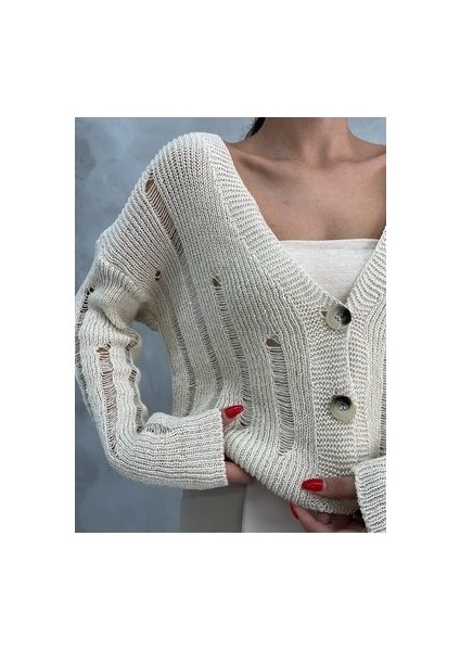 Kadın Bej Triko Ajurlu Düğme Detaylı Hırka indirimleri