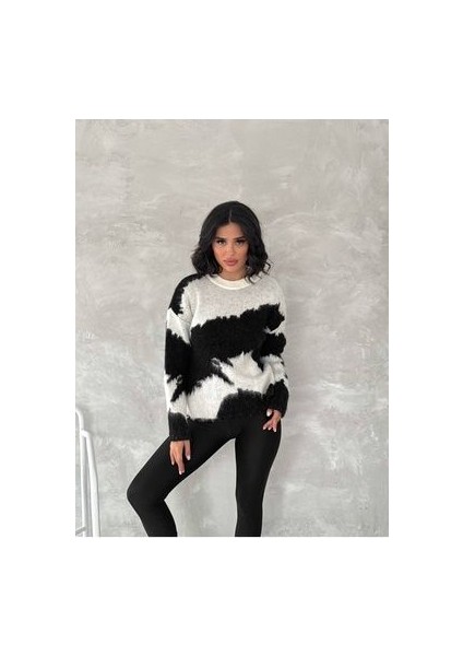 Kadın Siyah Kadın Dağ Desen Şardonlu Kazak