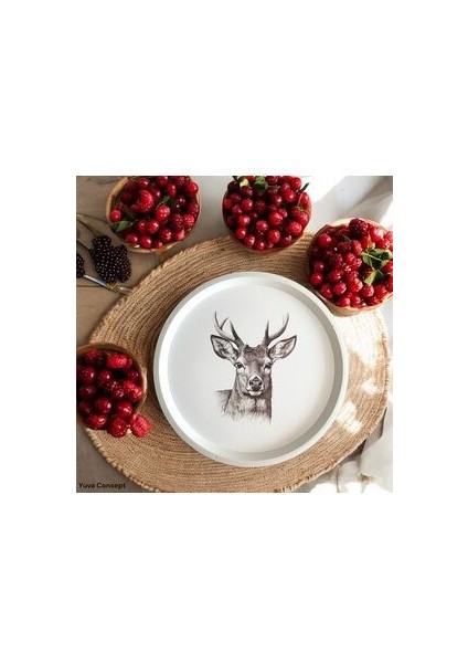 Geyik Desenli Tepsi - 31 cm - Beyaz Tepsi - Sunum Tepsisi