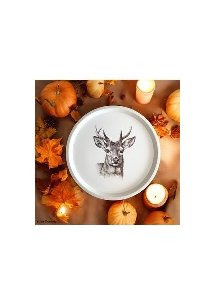 Geyik Desenli Tepsi - 31 cm - Beyaz Tepsi - Sunum Tepsisi fiyatları