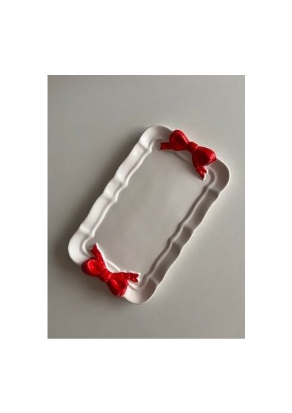 Dekoratif Yılbaşı Kırmızı Kurdele Tepsi , Tabak , Takı Tepsisi