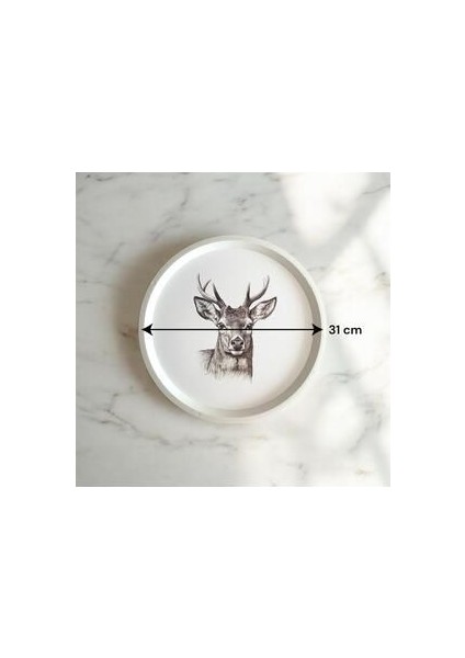 Geyik Desenli Tepsi - 31 cm - Beyaz Tepsi - Sunum Tepsisi modelleri