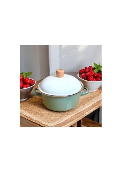 Avşar Emaye Tencere - 20 cm / 2,5-3 Lt Ekru Yeşil Emaye