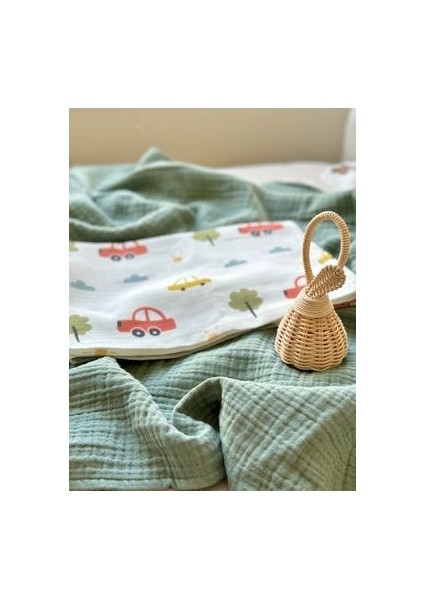 Mini Arabalar Müslin Örtü & Çağla Yeşili 4 Kat Müslin Örtüsü Set -75X100CM/100X100CM