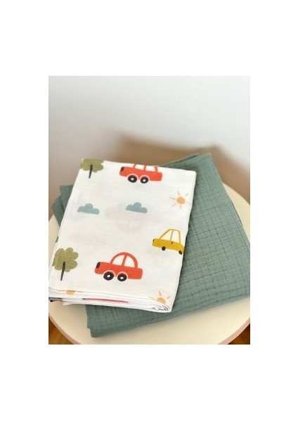 Mini Arabalar Müslin Örtü & Çağla Yeşili 4 Kat Müslin Örtüsü Set -75X100CM/100X100CM