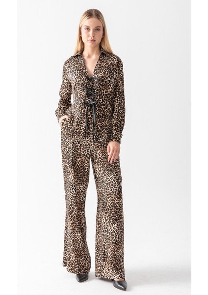 1153 Ceket Önü Deri Biye Detaylı - Kemerli ve Beli Lastikli Bolpaça Cepli Pantolon Takım