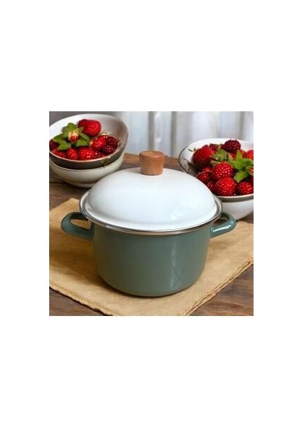 Avşar Emaye Derin Tencere - Deep Casserole - 20 cm / 3.250 ml - Ekru Yeşil Emaye
