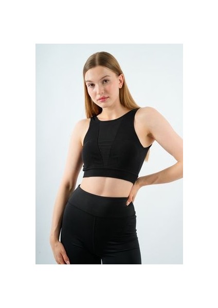 Kadın Fitilli Crop Atlet Önü Tül Detaylı Çıkarılabilir Pedli Büstiyer Bluz