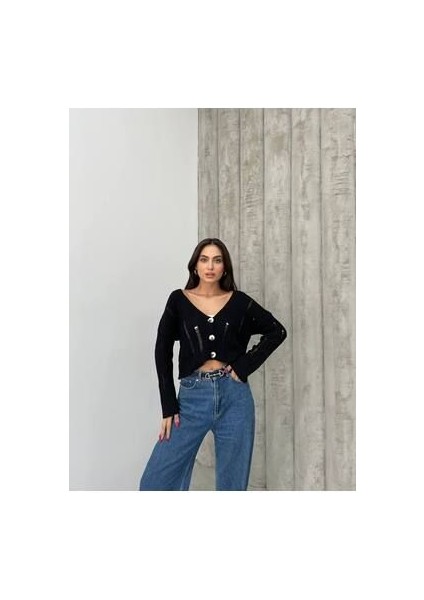 Kadın Siyah Triko Ajurlu Düğme Detaylı Hırka