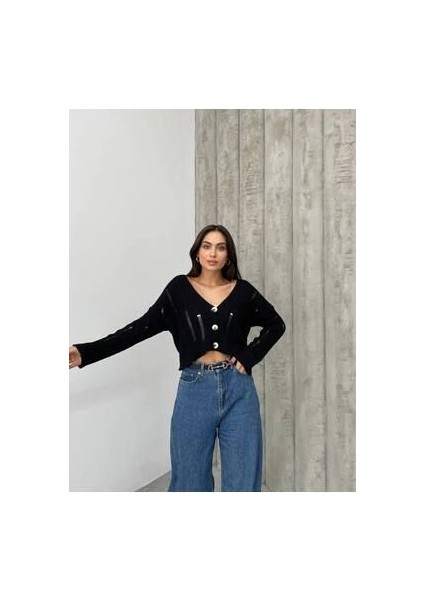 Kadın Siyah Triko Ajurlu Düğme Detaylı Hırka fiyatları