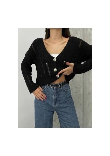 Kadın Siyah Triko Ajurlu Düğme Detaylı Hırka modelleri