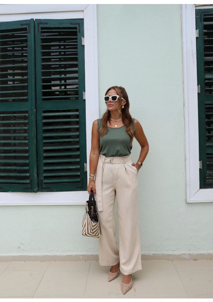 Beige Bel Detay Kemerli Pantolon
