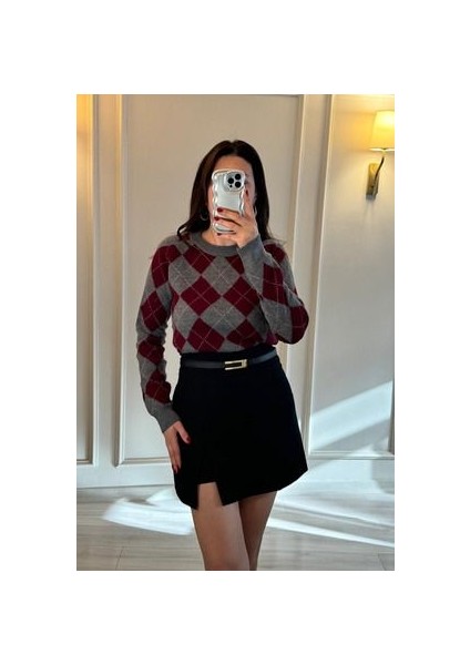 Baklava Desenli Kazak Gri/bordo