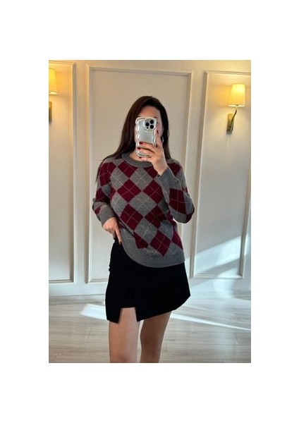 Baklava Desenli Kazak Gri/bordo fiyatları