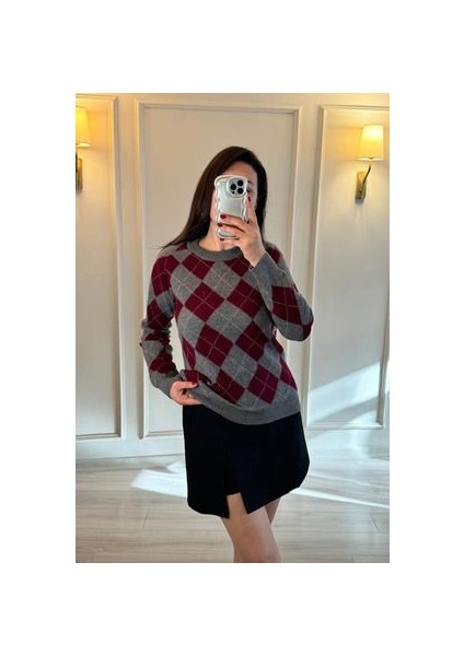 Baklava Desenli Kazak Gri/bordo modelleri