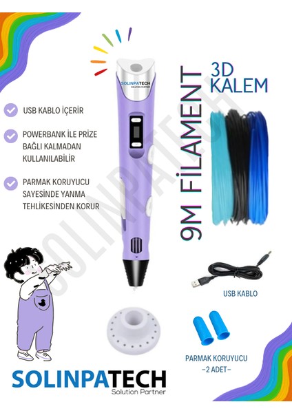 3D Kalem 3D Pen USB Kablolu Üç Boyutlu Yazıcı Kalem Printer-Mor (3 Adet 3M Filament -9Metre-)
