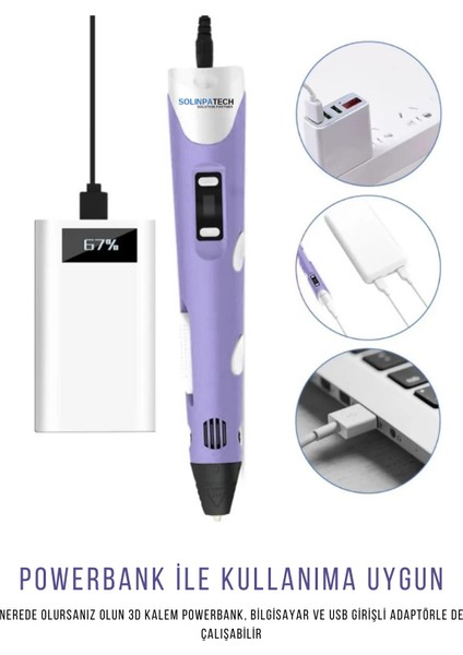 3D Kalem 3D Pen USB Kablolu Üç Boyutlu Yazıcı Kalem Printer-Mor (3 Adet 3M Filament -9Metre-)