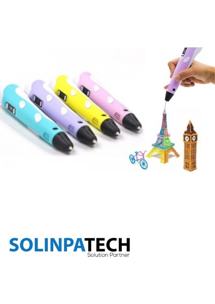 3D Kalem 3D Pen USB Kablolu Üç Boyutlu Yazıcı Kalem Printer-Mor (3 Adet 3M Filament -9Metre-)