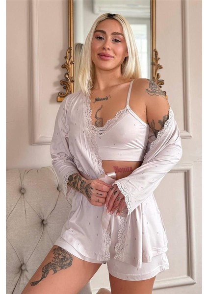 Bej Puan Desenli Bambu Crop Sabahlıklı Şortlu Kadın Pijama Takımı