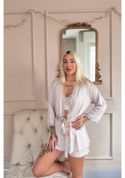 Bej Puan Desenli Bambu Crop Sabahlıklı Şortlu Kadın Pijama Takımı