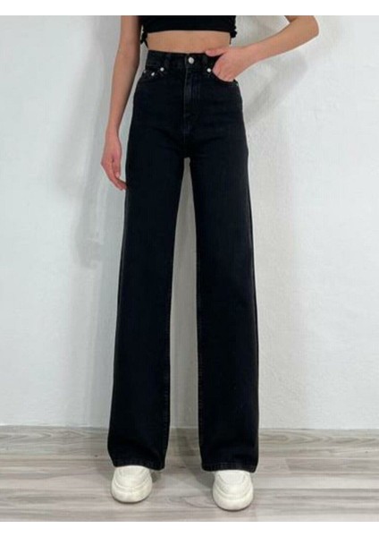 Leo Penelope Alessia Likralı Kadın Siyah Süper Yüksek Bel Salaş Paça Denim Kot Palazzo Pantolon