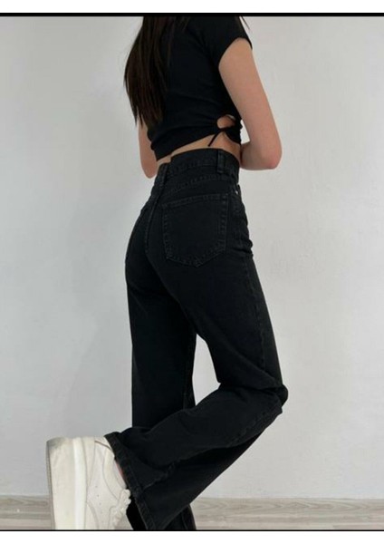 Leo Penelope Alessia Likralı Kadın Siyah Süper Yüksek Bel Salaş Paça Denim Kot Palazzo Pantolon