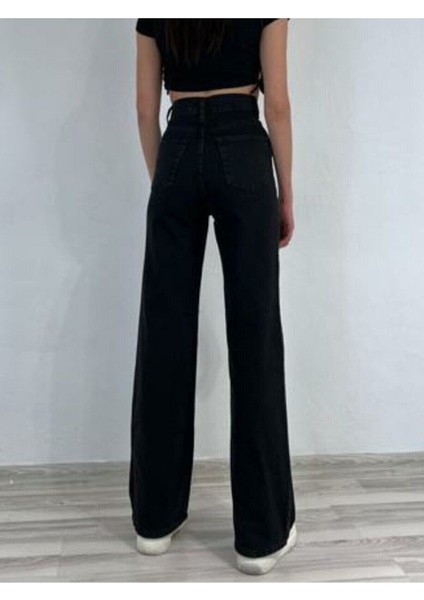 Leo Penelope Alessia Likralı Kadın Siyah Süper Yüksek Bel Salaş Paça Denim Kot Palazzo Pantolon