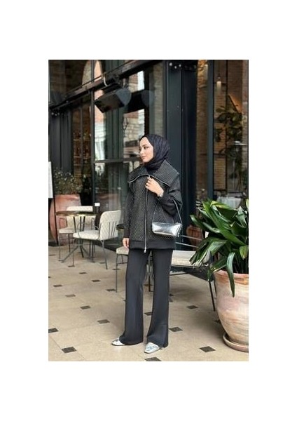 Kadın Scuba Siyah Taşlı Takım