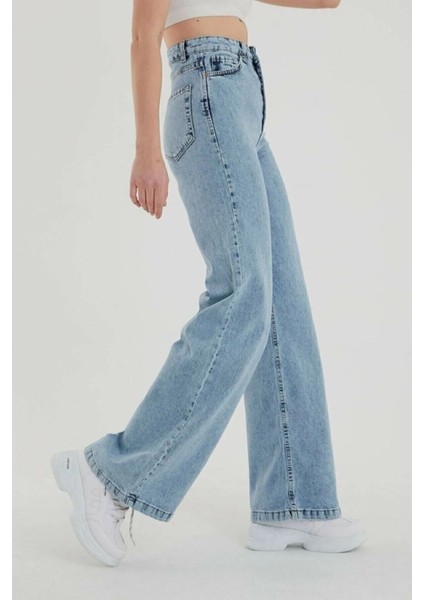 Kar Mavi Yüksek Bel Salaş Pantolon, Geniş Paça Pantolon, Bol Paça Pantalon Yıkamalı Palazzo 2024