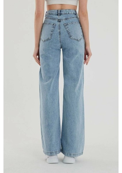 Kar Mavi Yüksek Bel Salaş Pantolon, Geniş Paça Pantolon, Bol Paça Pantalon Yıkamalı Palazzo 2024