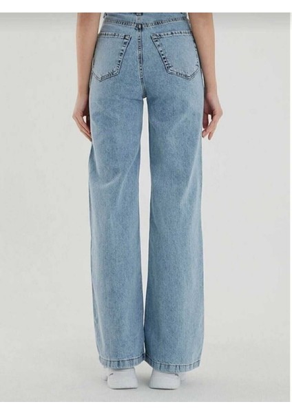 Kar Mavi Yüksek Bel Salaş Pantolon, Geniş Paça Pantolon, Bol Paça Pantalon Yıkamalı Palazzo 2024