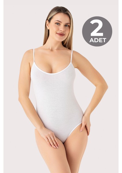 Kadın Beyaz İp Askılı Çıtçıtlı Atlet Body Zıbın Pamuklu Likralı 2'li Paket