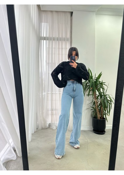 Benjamin Neo Kadın Yüksek Bel Likralı Esnek Jeans Mavi Palazzo Kot Pantolon